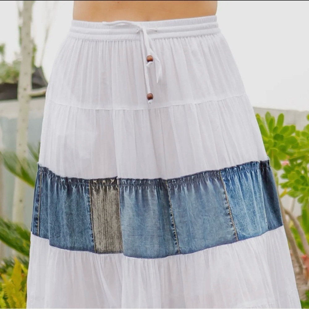 Bohemian White and Denim Tiered Maxi Skirt - Picture 5 of 7